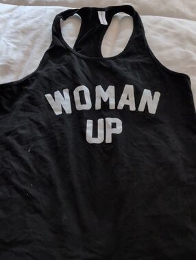 Black "WOMAN UP" Racerback Tank Top. Medium